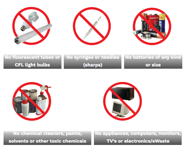 It is illegal to dispose of hazardous materials in garbage or recycling containers