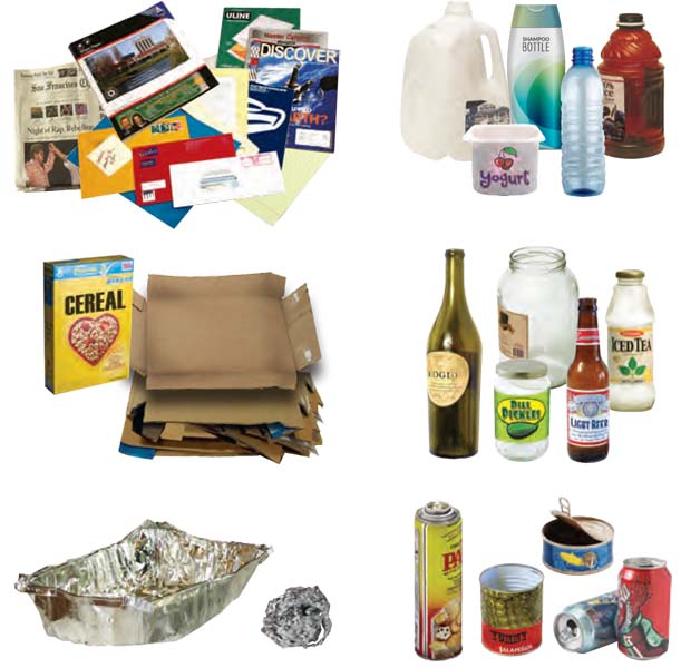 Accepted materials for mixed recycling bins or cart